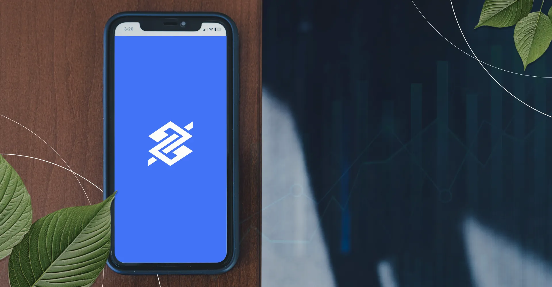 Aplicativo do Banco do Brasil em um smartphone com gráficos de mercado ao fundo